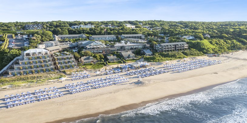 An aerial view of Gurney's Montauk Resort with the Dolce & Gabbana Beach Club takeover