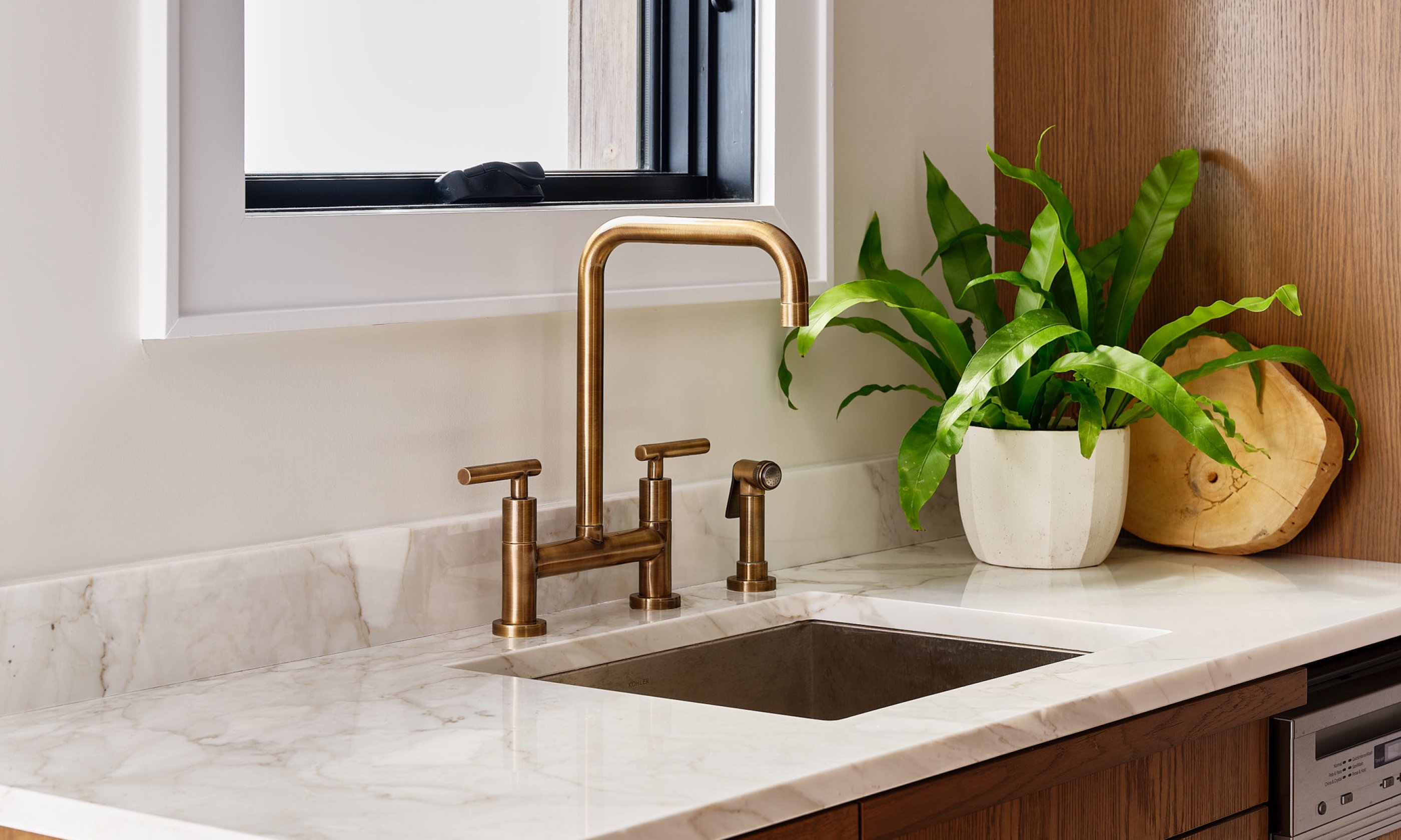Kitchen sink with bronze fixtures and potted plant.