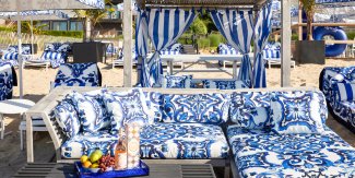 Blue and White beach table and a fruit platter