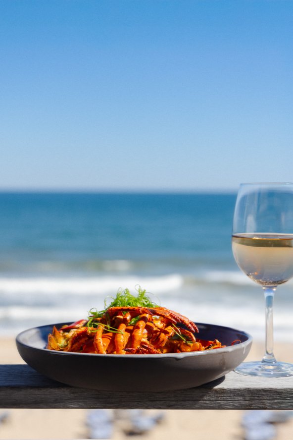 Lobster dish and rose on ledge facing beach