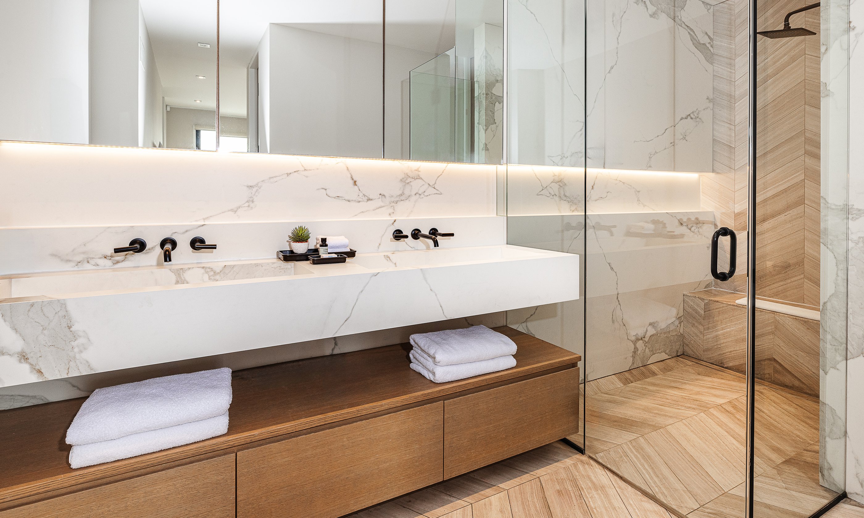 The master bathroom in the Two Bedroom Ocean View Residence at Gurney's Montauk Resort