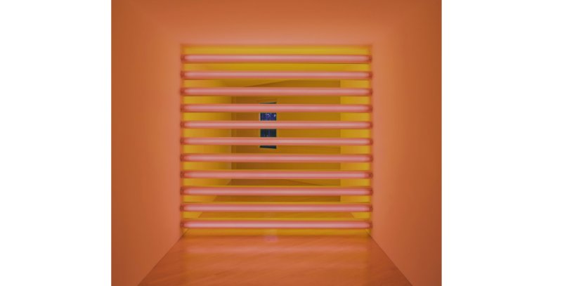 Orange-lit hallway with horizontal yellow bars and a single blue rectangle at the center.