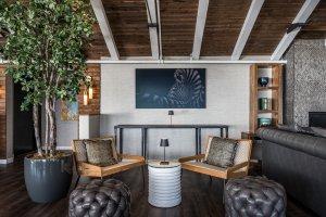 Modern living room with wooden chairs, a zebra artwork, potted tree, and tufted leather stools. Neutral tones and wood beams enhance the cozy atmosphere.