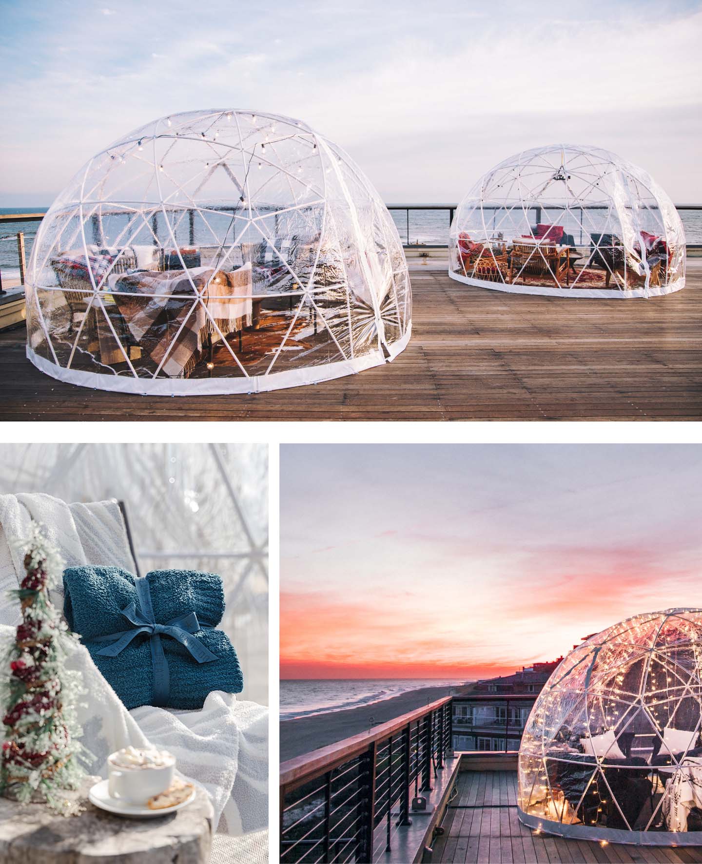 Collage of three images showing Igloos decorated with Barefoot Dreams blankets.