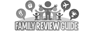 "Family Review Guide" logo with cartoon family and icons of shopping, dining, travel, and trophies.